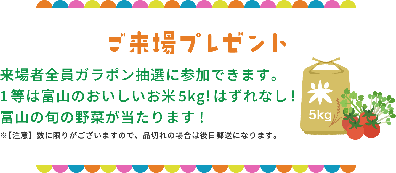 ご来場プレゼント 来場者全員ガラポン抽選に参加できます。1等は富山のおいしいお米5kg!はずれなし!富山の旬の野菜が当たります!